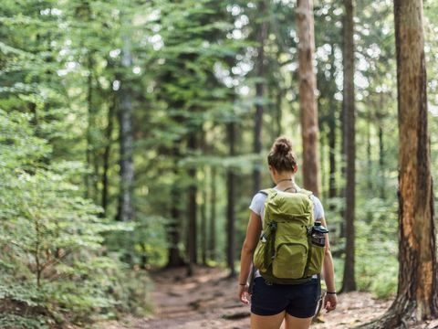 Wanderin auf Wanderweg im Wald